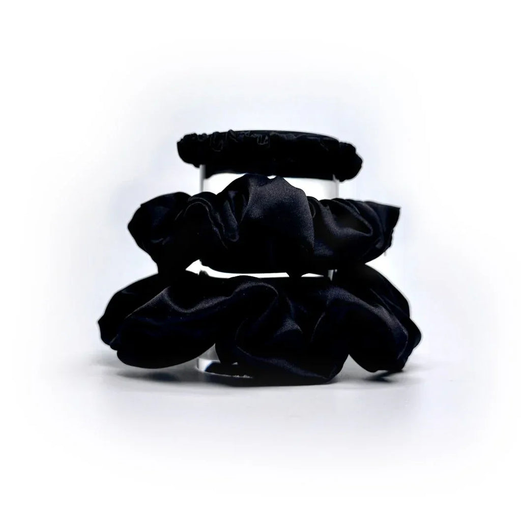 Silkkinen hiusdonitsi scrunchie 3 kpl setti - musta lahja - Wellen